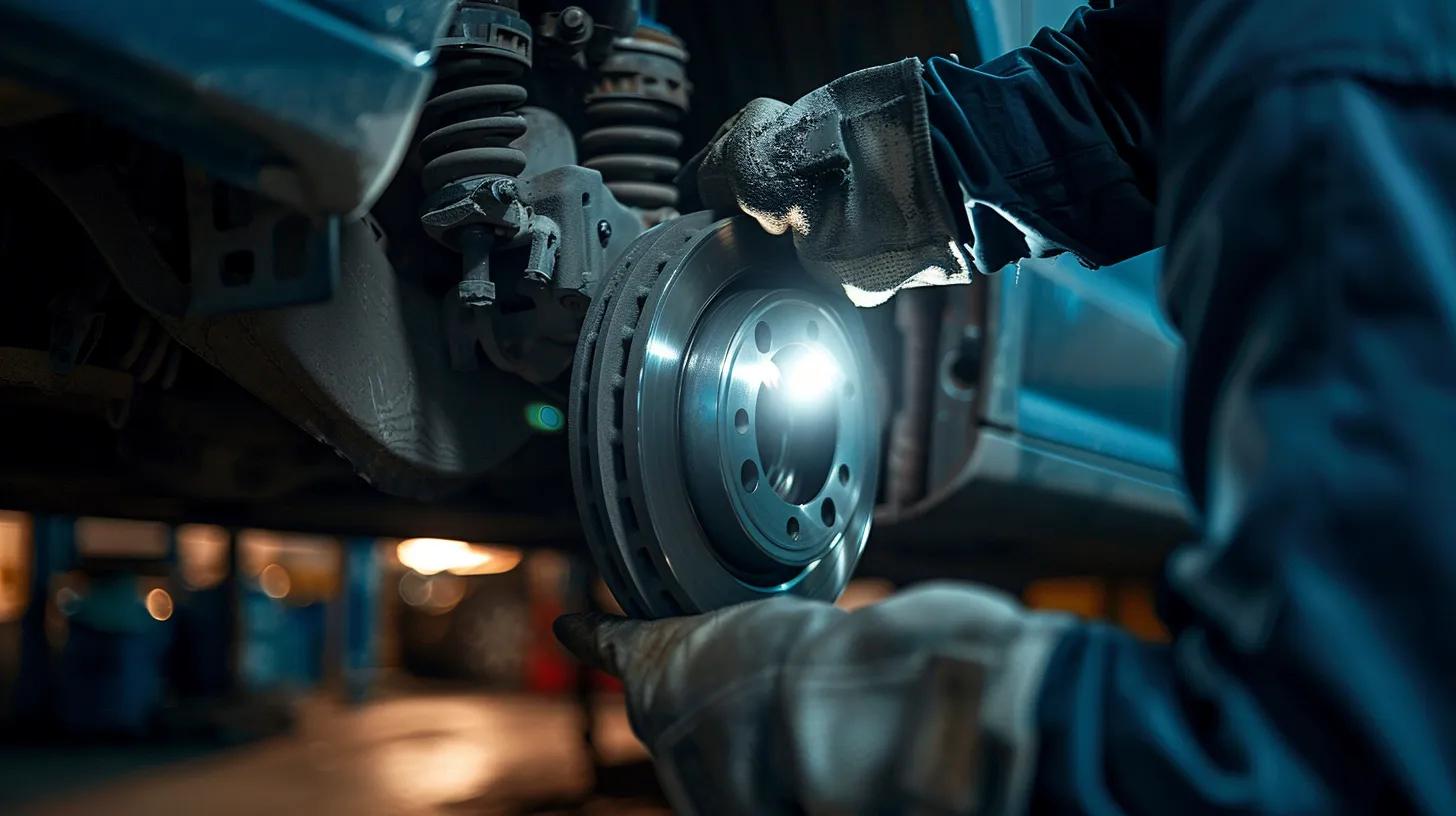 Mechanic inspecting brake pads with a flashlight, highlighting inspection techniques