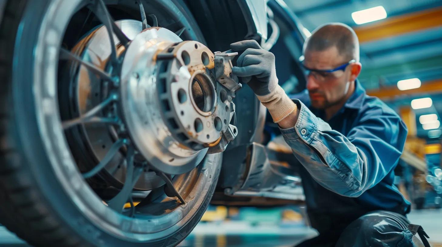 Mechanic inspecting brake pads in a workshop, illustrating brake maintenance solutions
