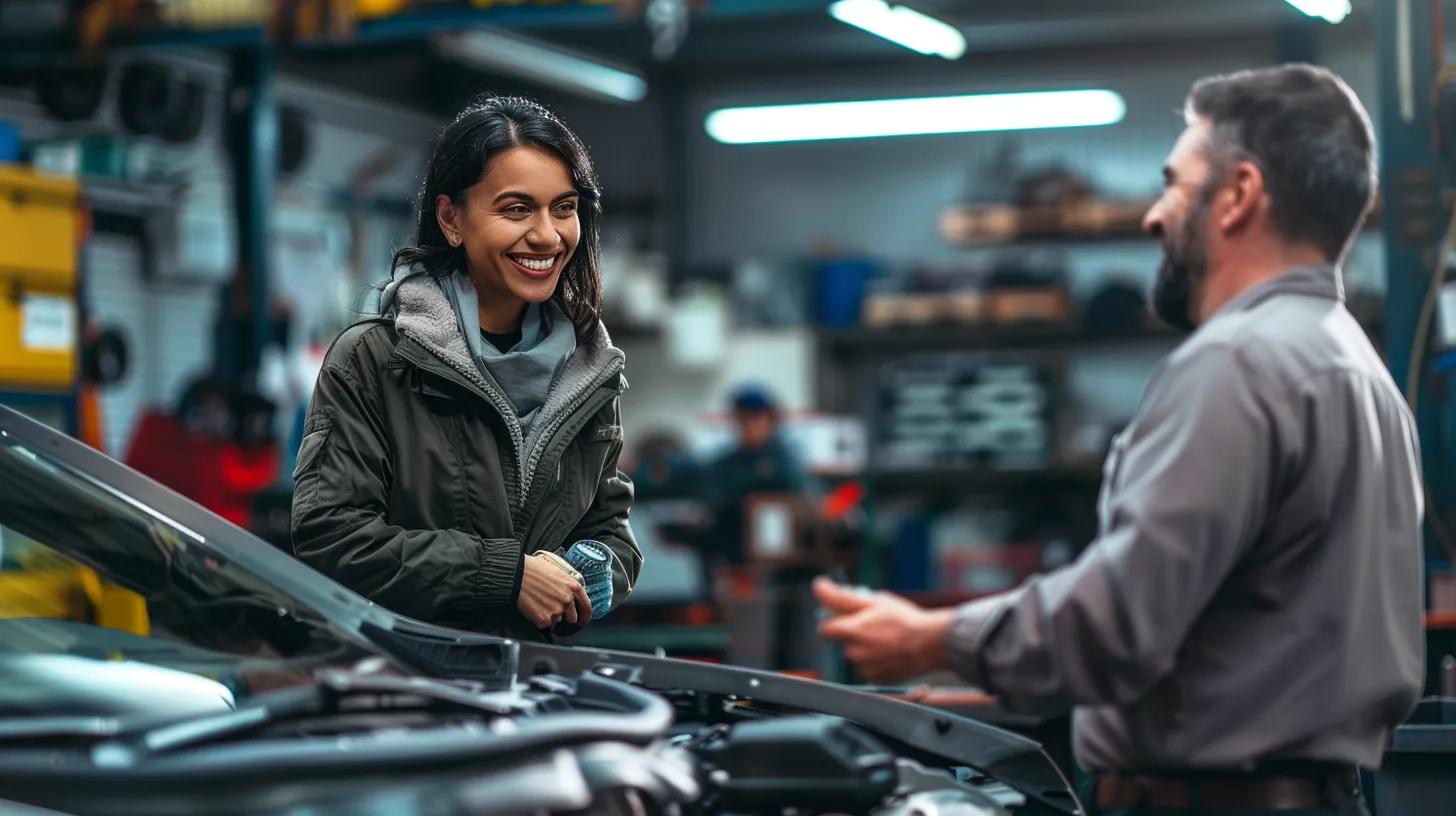 Customer consulting with a mechanic about affordable brake repair services in an auto shop