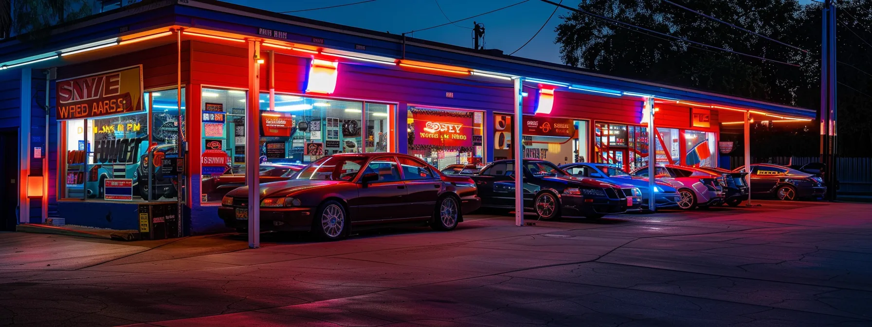 a brightly lit auto repair shop with ase certification displayed prominently in the window and a line of shining cars awaiting service.