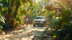 a cheerful american family enjoys a sunny day by their sparkling car, highlighting the importance of regular vehicle maintenance with a backdrop of vibrant greenery.