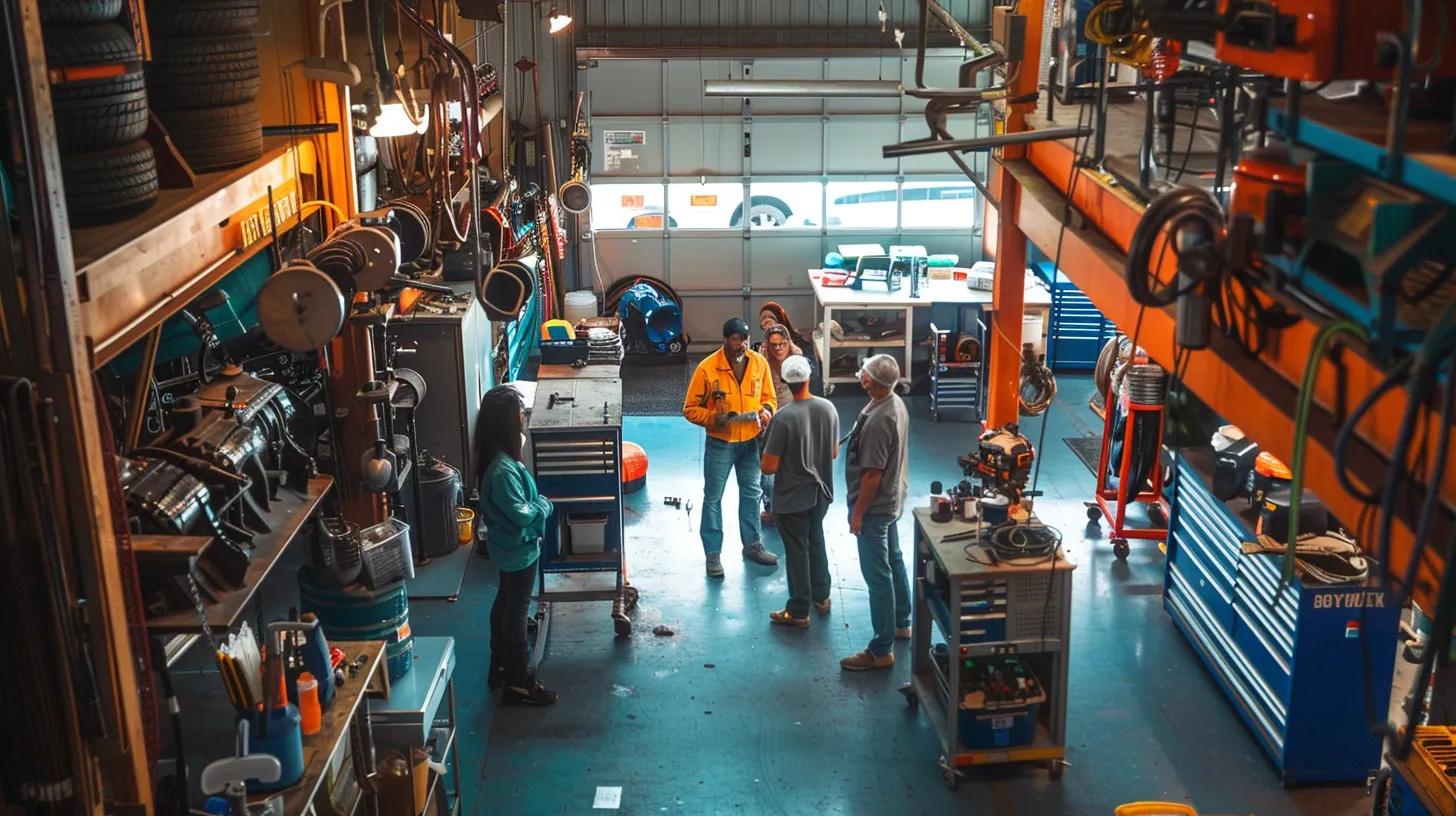 a colorful auto repair shop interior showcases cheerful american families engaging with technicians as they inspect vehicles, emphasizing the importance of timely exhaust system repairs amidst digital diagnostic tools and equipment.