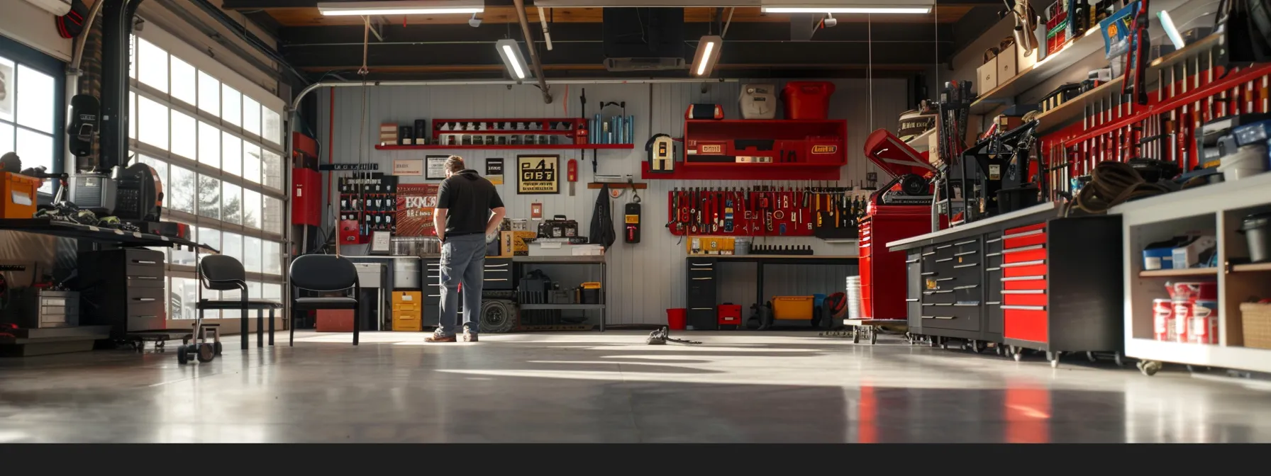 a customer inspecting a clean, organized auto repair shop with certifications displayed prominently, a helpful staff member providing information about warranties and customer satisfaction policies.