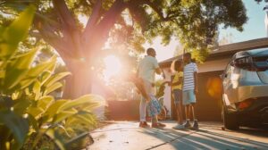 a family joyfully gathers around their brightly colored car in a sunlit driveway, embodying the peace of mind that comes from regular engine diagnostics service.