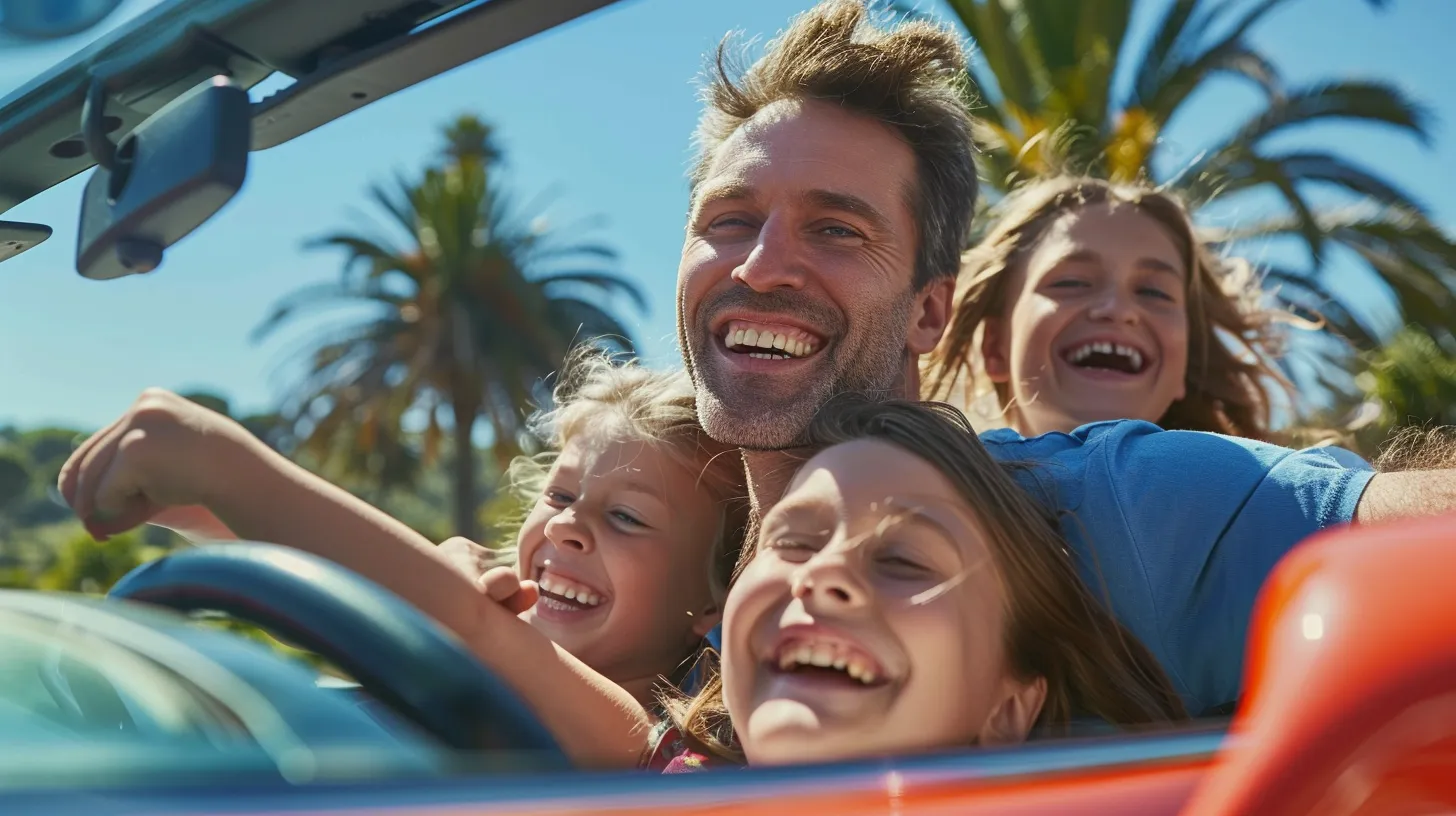 a joyful american family beams with happiness beside their vibrant, sleek car, set against a bright blue sky and lush green park, capturing the essence of togetherness and adventure.