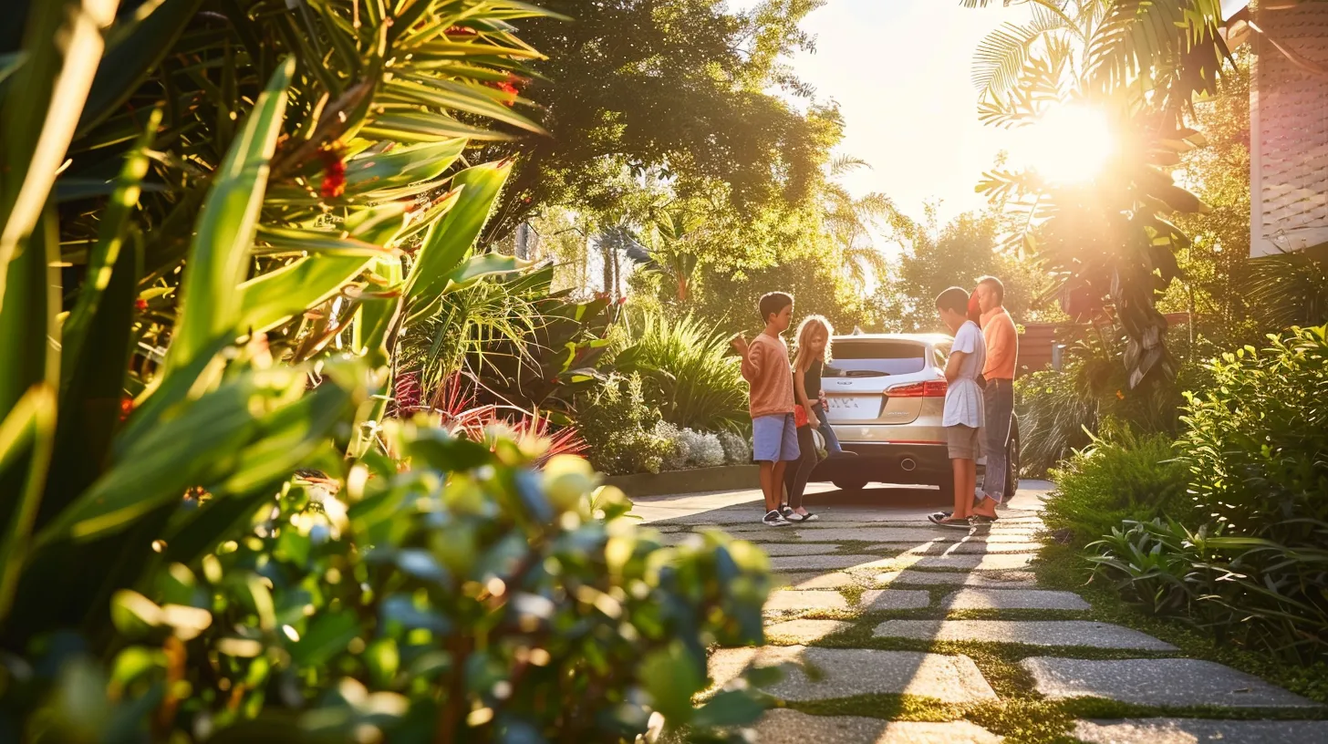 a joyful american family beams with happiness as they gather around their gleaming car on a sunlit driveway, surrounded by vibrant greenery.