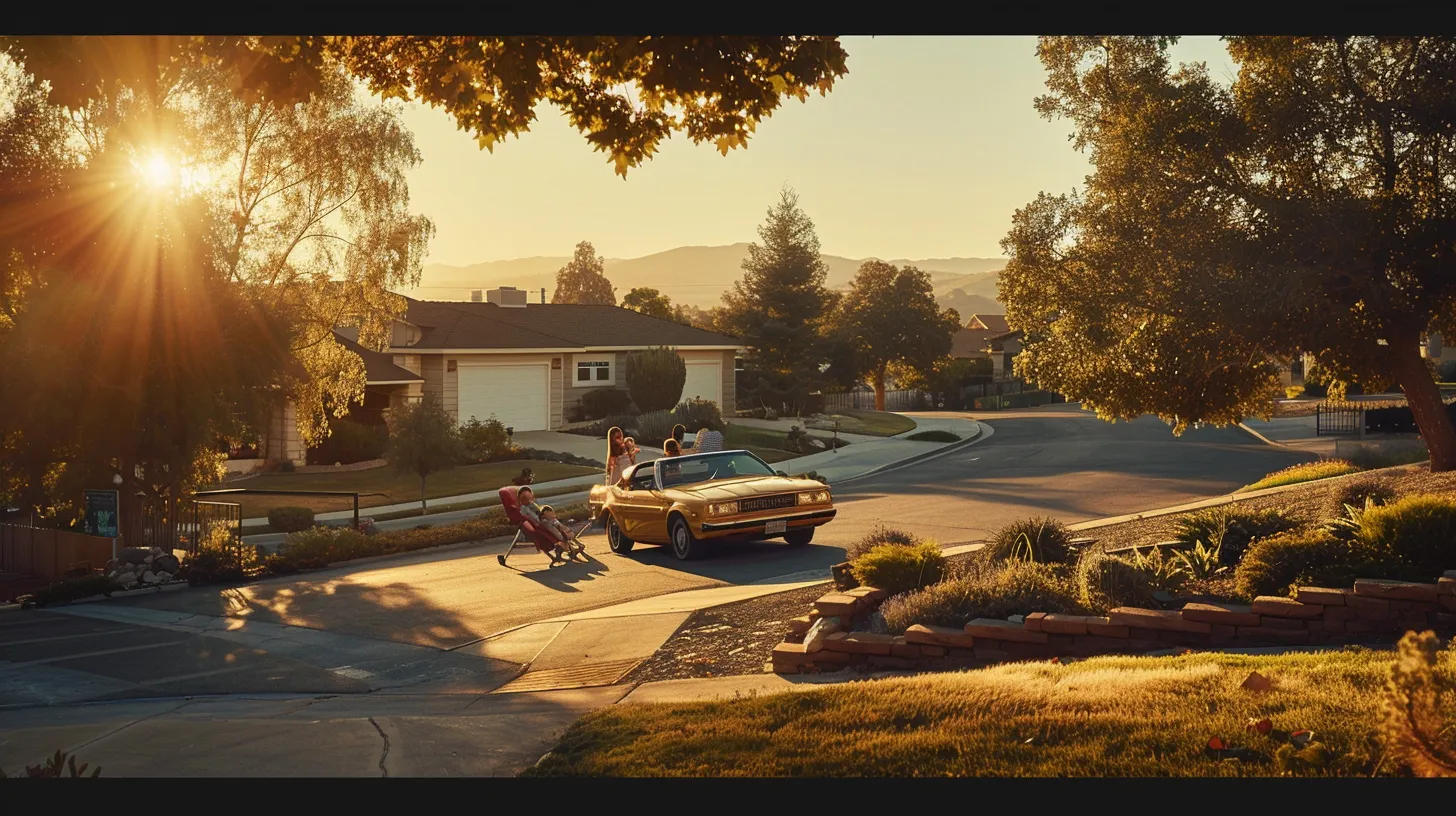 a joyful american family gathered around their vibrant, gleaming car, basking in the warm afternoon sun against a backdrop of a picturesque suburban landscape.