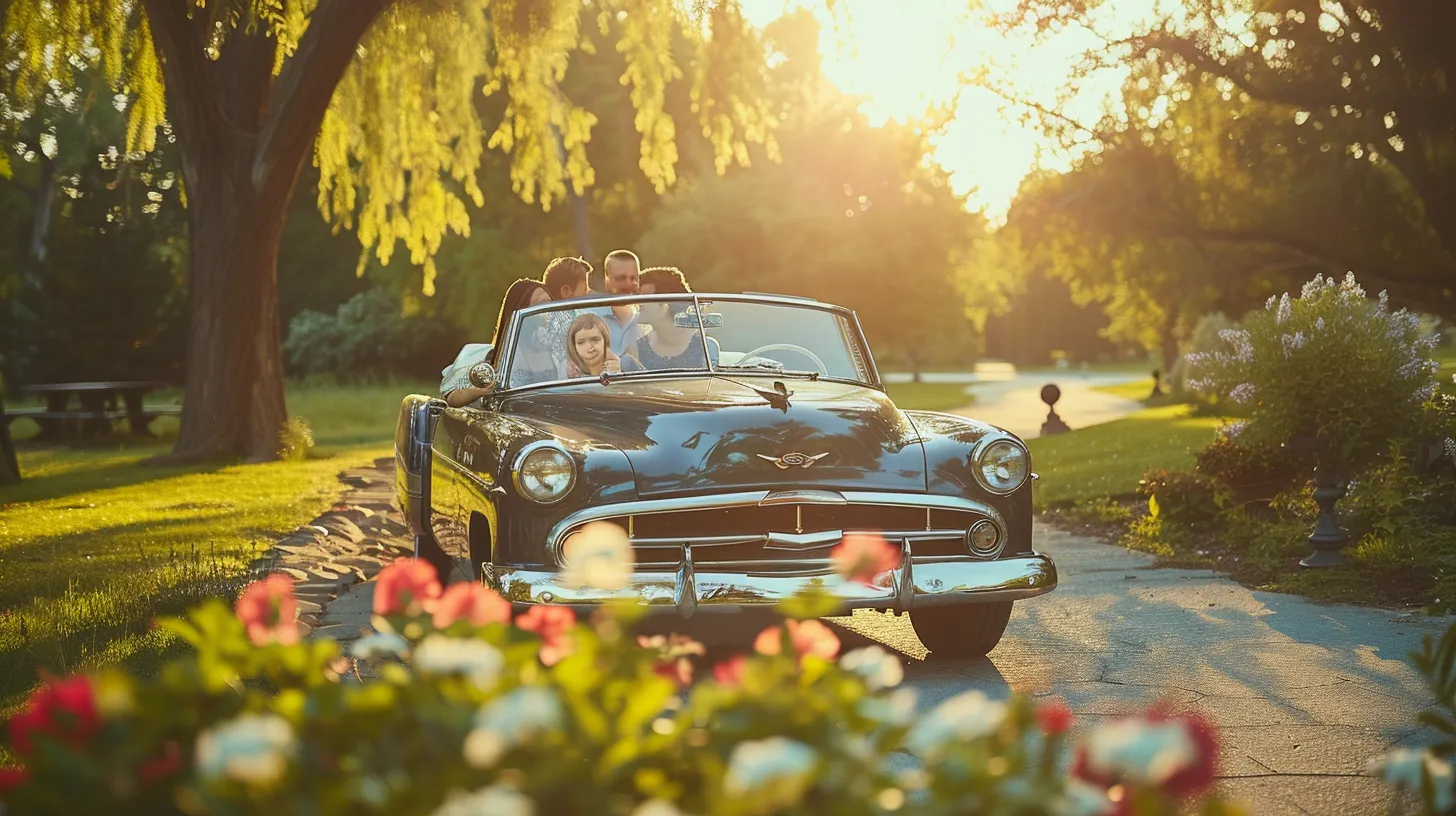 a joyful american family gathers around their gleaming vintage car in a sunlit, picturesque park, surrounded by vibrant greenery and blooming flowers, capturing the essence of happiness and togetherness.