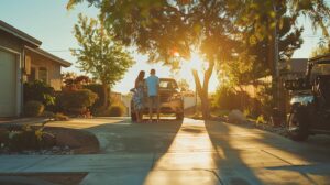 a joyful american family gathers around their well-maintained car in a sunlit driveway, showcasing the importance of wheel alignment and balancing through their smiles and satisfaction.