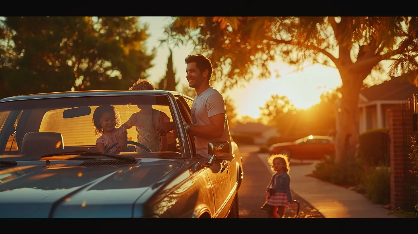 a joyful american family gathers around their gleaming car under the warm golden glow of a sunset, radiating happiness and togetherness in a scenic driveway.