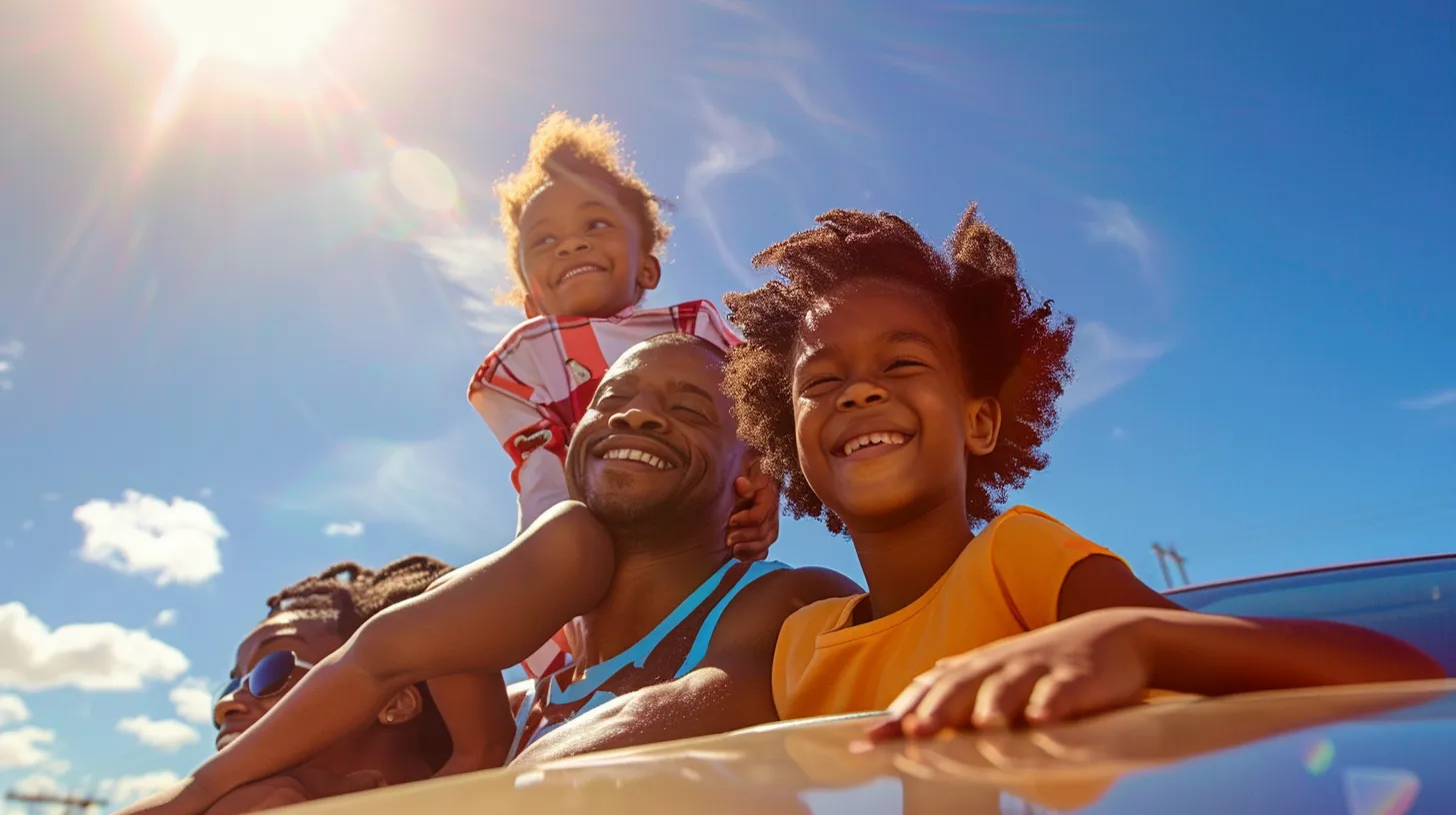 a joyful american family gathers around their shiny new car under a bright blue sky, radiating happiness and togetherness in a vibrant suburban setting.