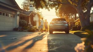 a joyful american family gathers around their well-maintained car in a sunlit driveway, embodying the importance of regular transmission fluid changes for a smooth and reliable drive.