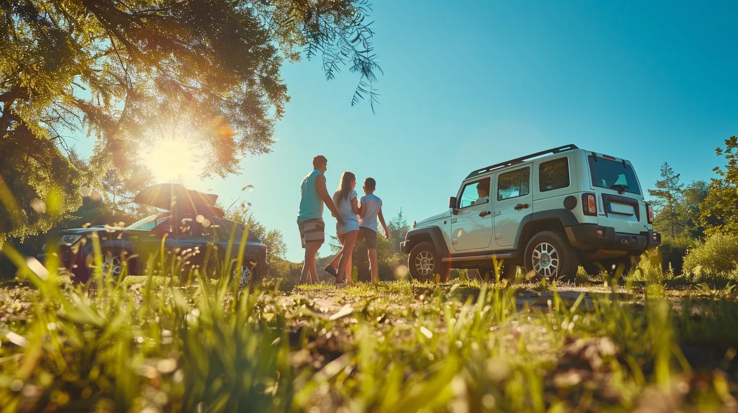 a joyful american family gathers around their shiny suv under a bright blue sky, radiating warmth and happiness as they celebrate a carefree moment together in a picturesque park.