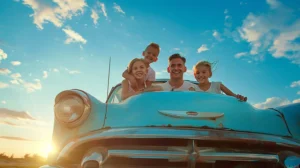 a joyful american family poses proudly beside their shiny, vintage car under a bright blue sky, radiating warmth and togetherness in the golden afternoon light.