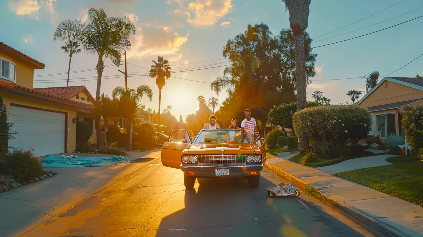 a joyful american family poses in front of their vibrant car, beaming with happiness under the warm sunlight in a picturesque suburban neighborhood.