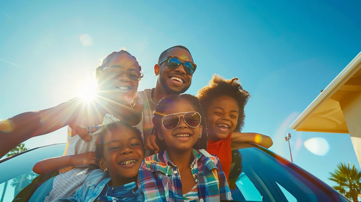 a joyful american family poses with their vibrant, shiny car under a clear blue sky, radiating warmth and happiness in a sunlit suburban setting.