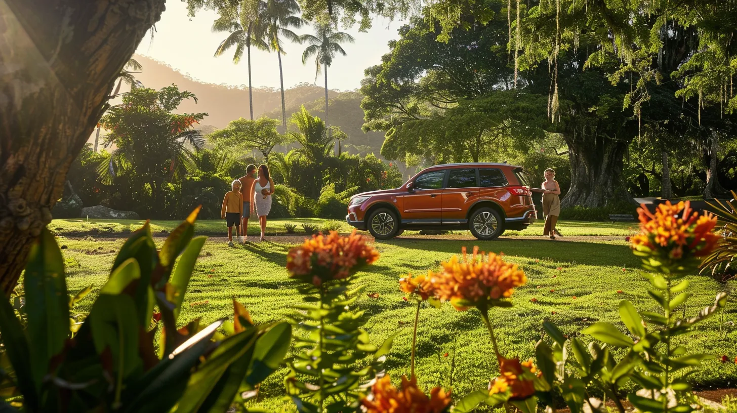 a joyful american family poses with their vibrant suv in a sunlit park, surrounded by lush greenery and blooming flowers, exuding warmth and togetherness.