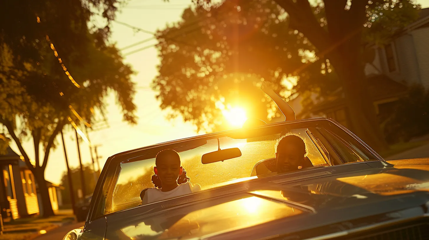 a joyful american family shares a vibrant moment by their gleaming car under the warm glow of a setting sun, radiating happiness and togetherness.