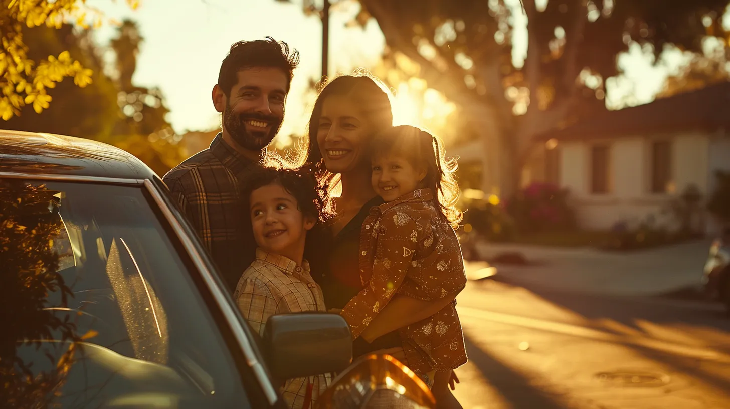 a joyful american family stands beside their glossy, vibrant car, radiating happiness against a backdrop of a sunlit suburban street, embodying the spirit of togetherness and adventure.