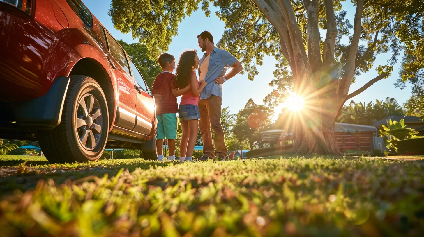 a joyful american family stands proudly next to their vibrant car amidst a sunlit park, exuding warmth and happiness in a picturesque, carefree setting.