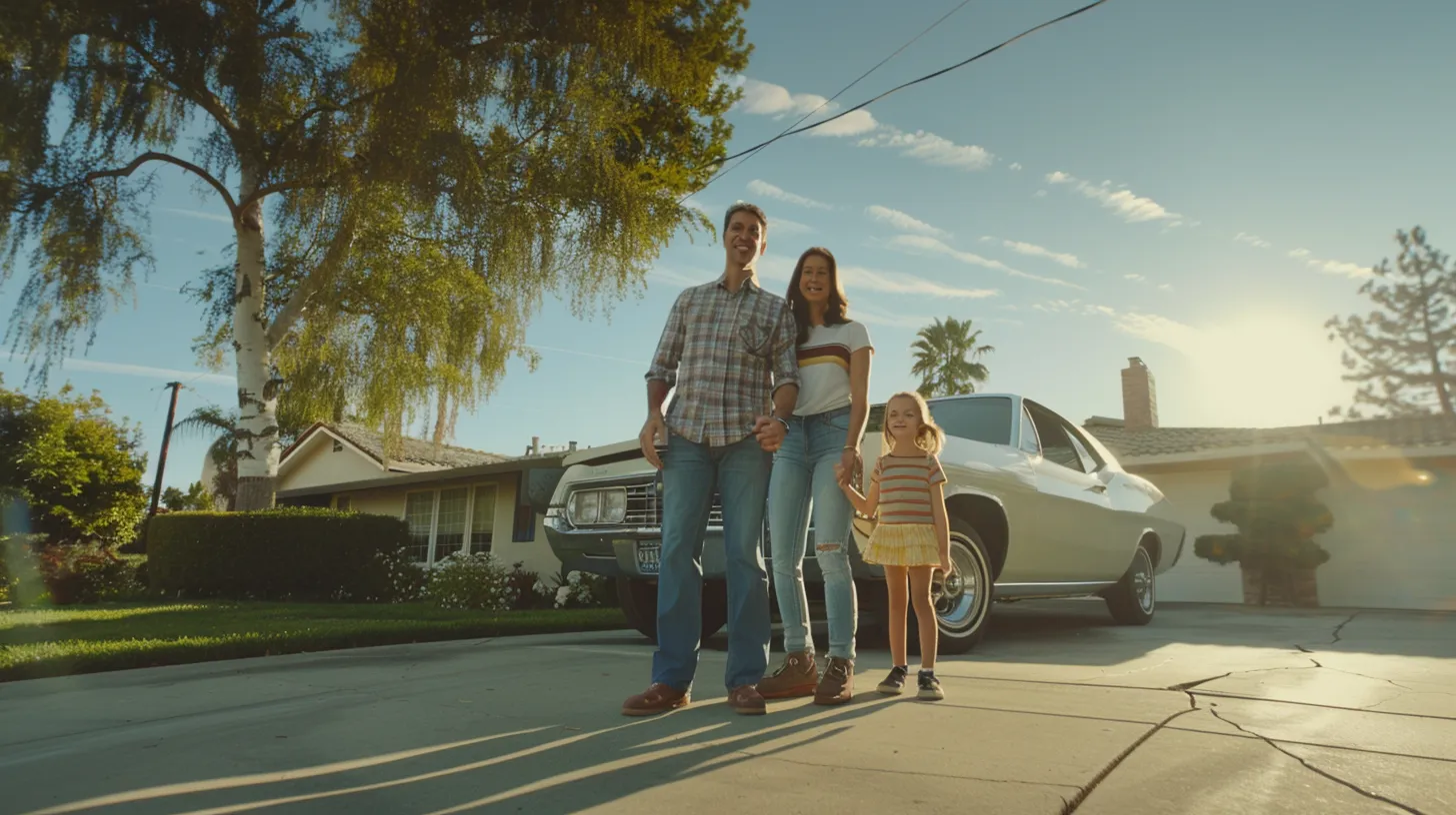 a joyful american family stands proudly in front of their gleaming car under a bright blue sky, radiating happiness and togetherness in a sunlit suburban driveway.