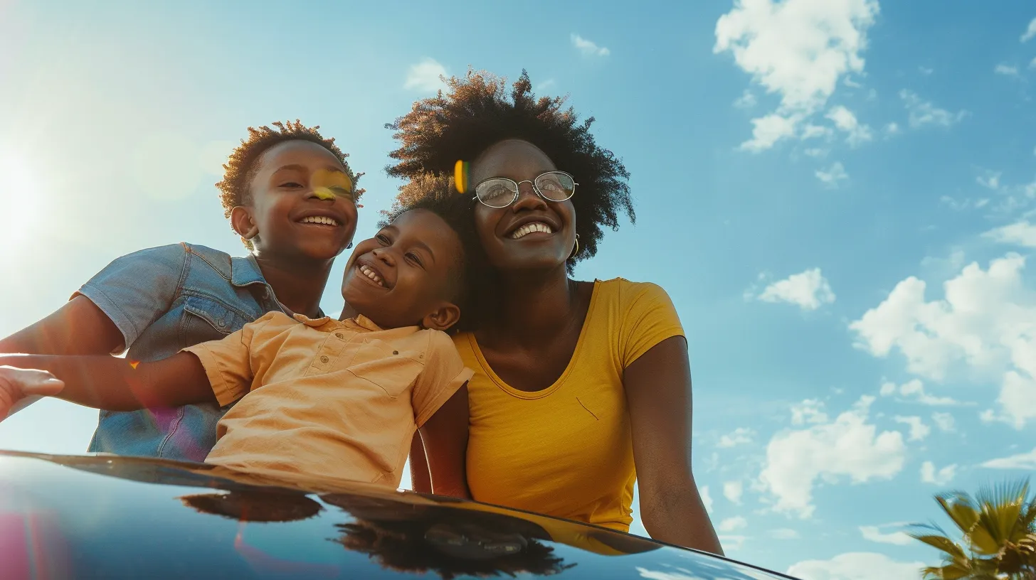 a joyful american family stands beside their gleaming car in a sunlit park, exuding happiness and togetherness against a vibrant blue sky.