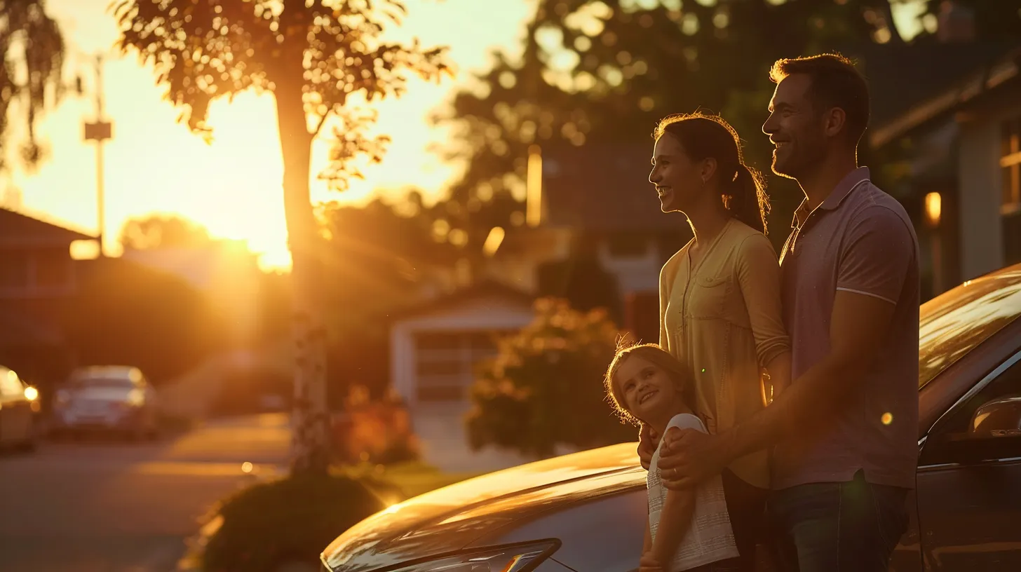 a joyful american family stands proudly next to their shiny, modern car under the warm golden light of a setting sun, capturing a moment of happiness and togetherness in an idyllic suburban neighborhood.