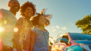 a joyful american family stands together in a sunlit park, their brightly colored car parked nearby, embodying the essence of happiness and togetherness against a vibrant, blue sky.