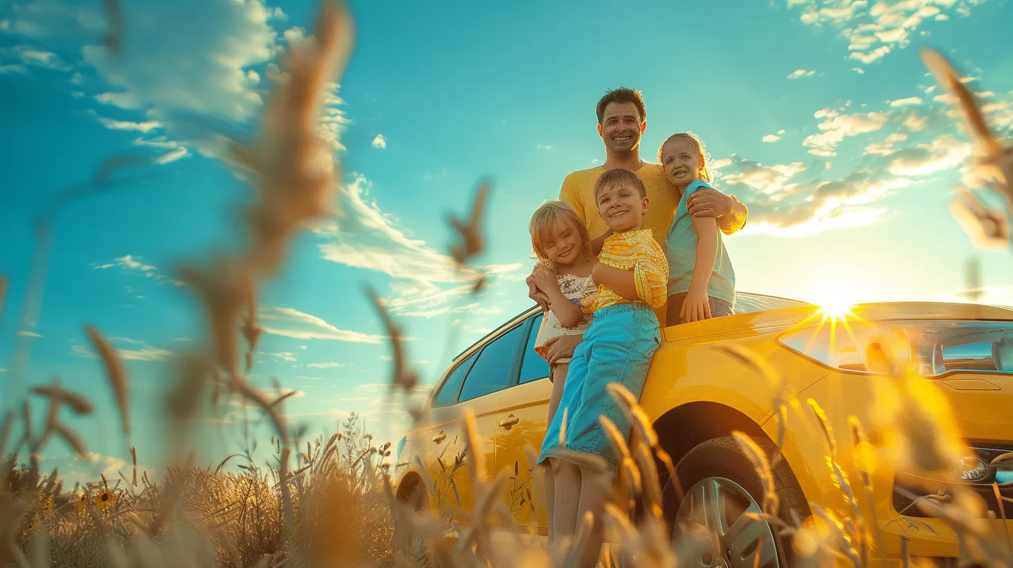 a joyful american family stands beside their vibrant car under a clear blue sky, radiating warmth and happiness as the golden sunlight bathes the scene in a cheerful glow.