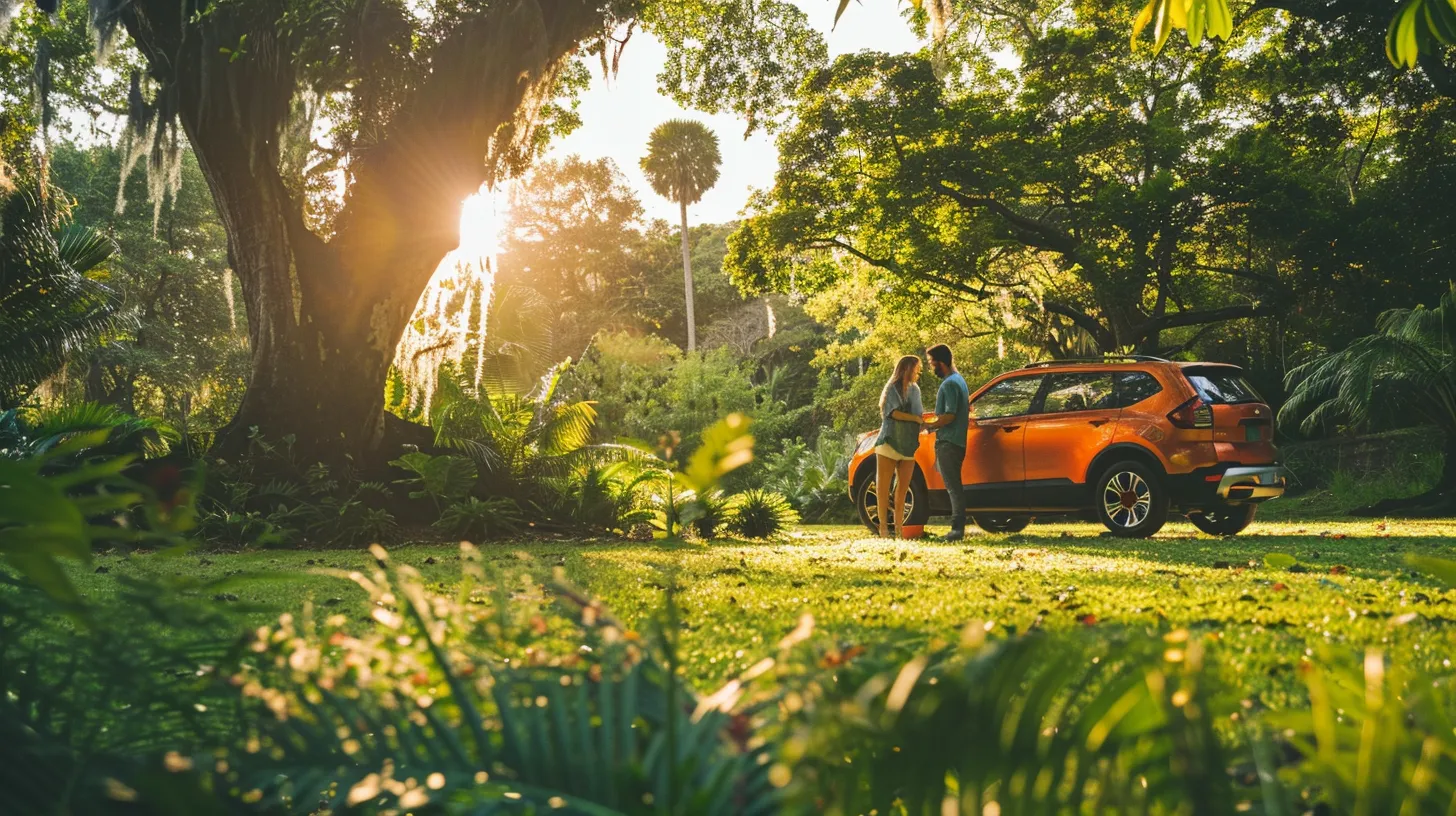 a joyful american family stands beside their vibrant car in a sunlit park, radiating happiness and togetherness against a backdrop of lush greenery.