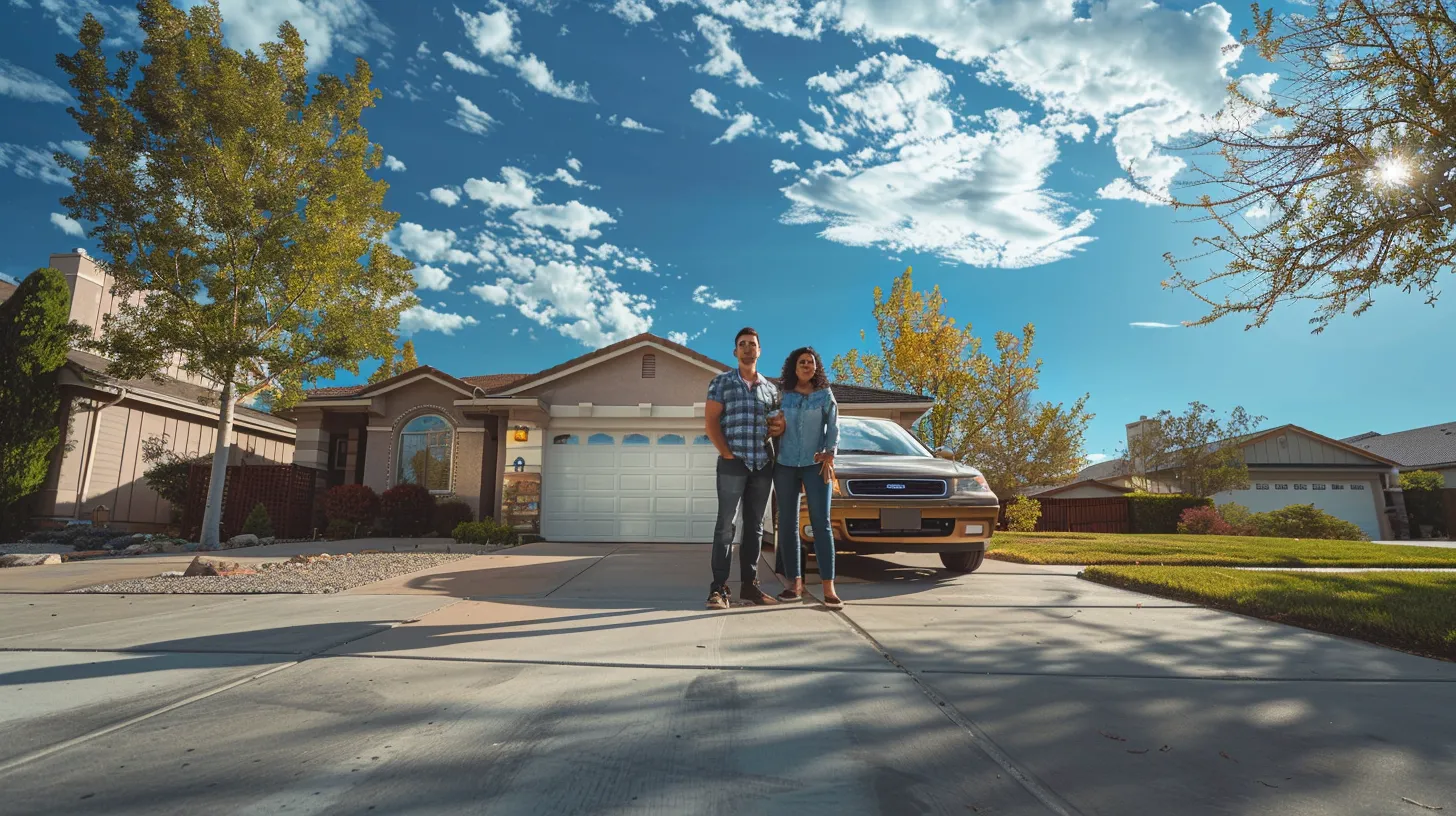 a joyful american family stands proudly next to their gleaming car under a bright blue sky, radiating happiness and togetherness in their picturesque suburban driveway.