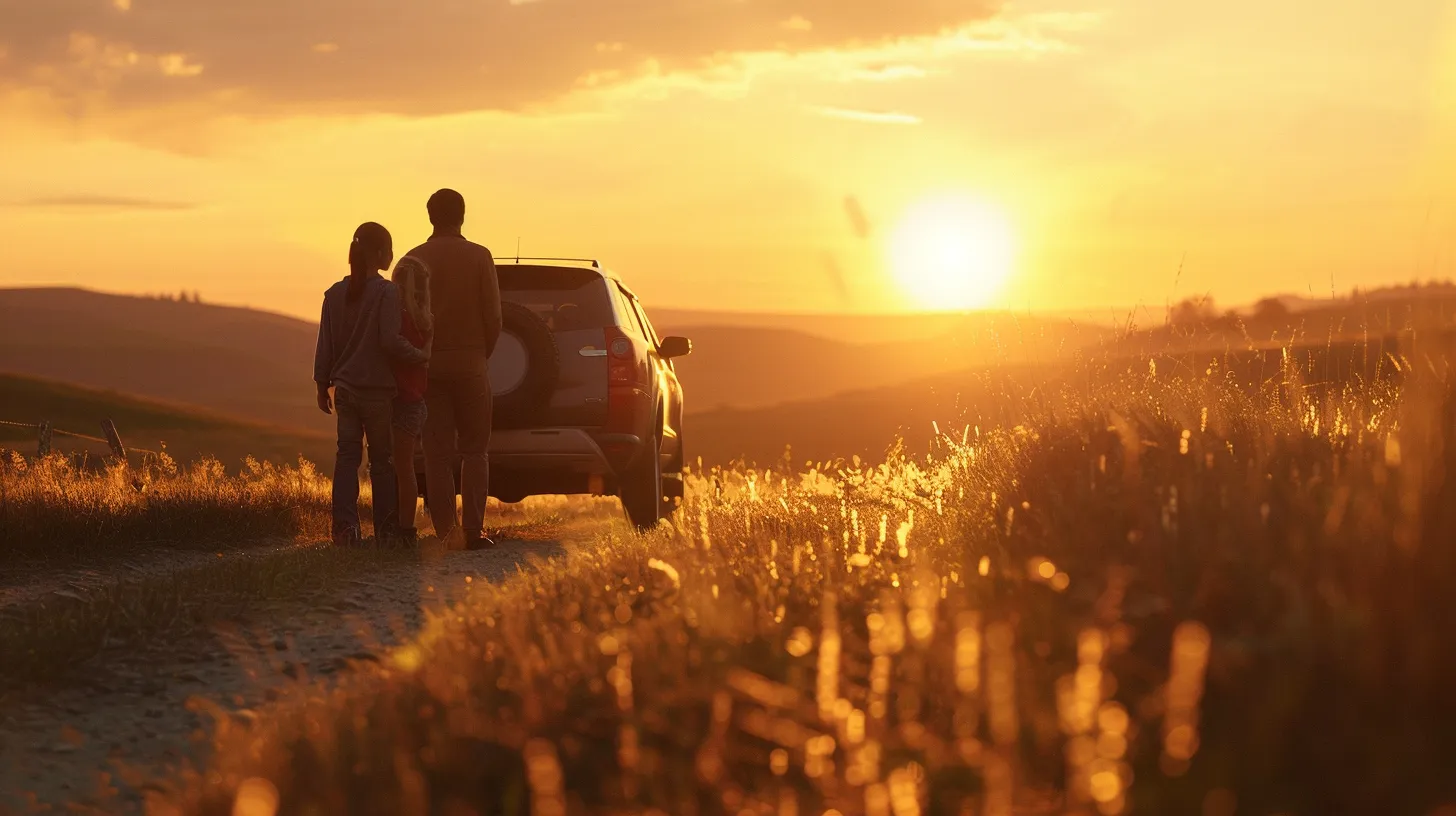 a joyful american family stands together beside their vibrant car, basking in the golden glow of a sunset, embodying the spirit of adventure and togetherness.