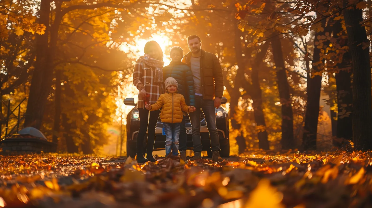 a joyful american family stands proudly beside their sleek car, bathed in golden sunset light, surrounded by vibrant autumn foliage.