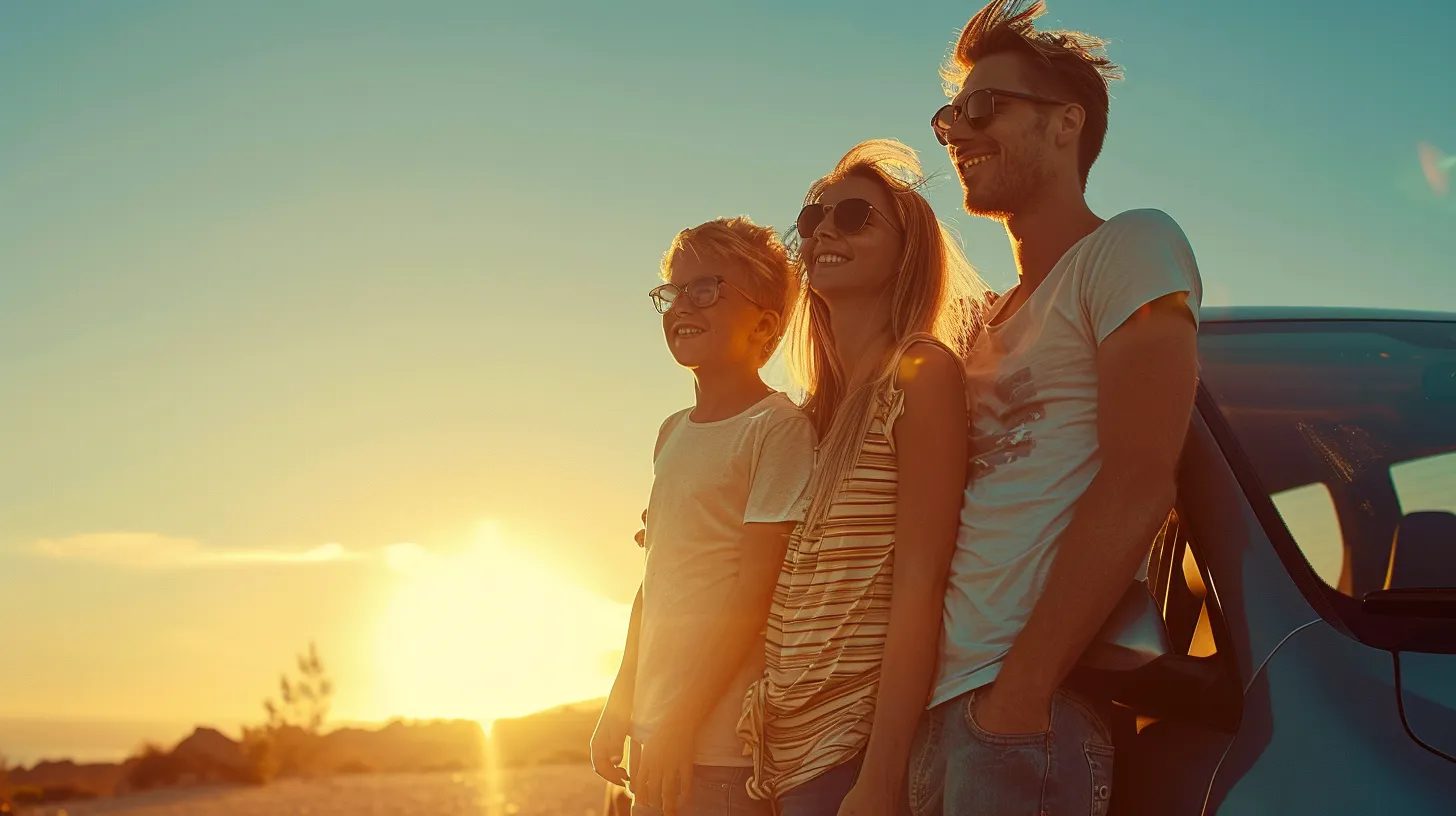 a joyful american family stands in front of their shiny car, basking in the warm, golden sunlight of a clear blue sky, embodying the spirit of freedom and togetherness.