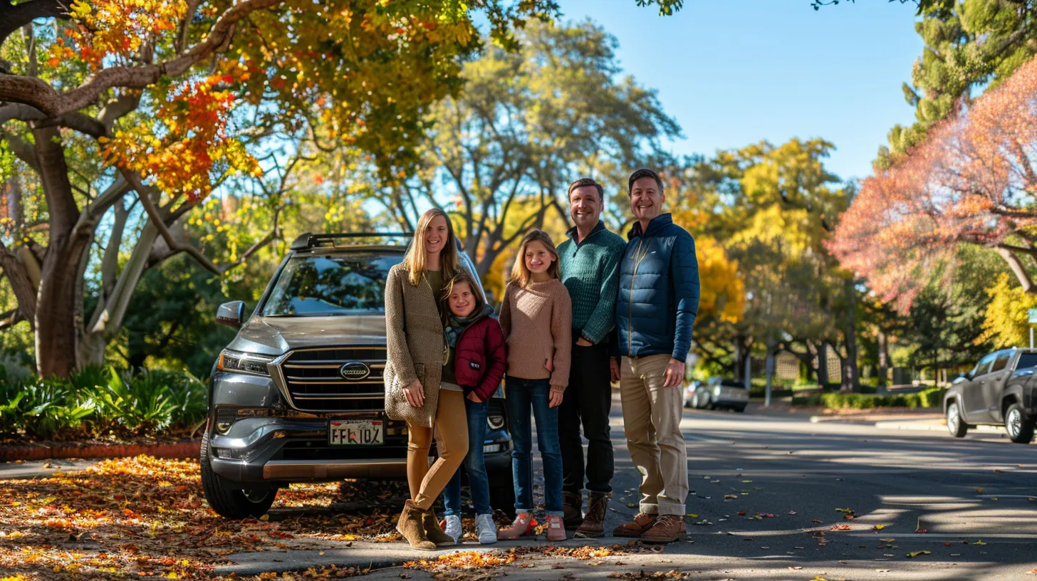 a joyful american family stands together, beaming with happiness next to their shiny suv in a picturesque park, with vibrant trees and a clear blue sky creating an inviting backdrop.