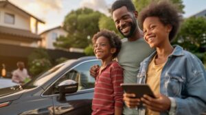 a joyful american family stands beside their car, beaming with satisfaction as the sleek, high-tech diagnostic software interface glows on a tablet, symbolizing the revolutionary impact of modern auto repairs.