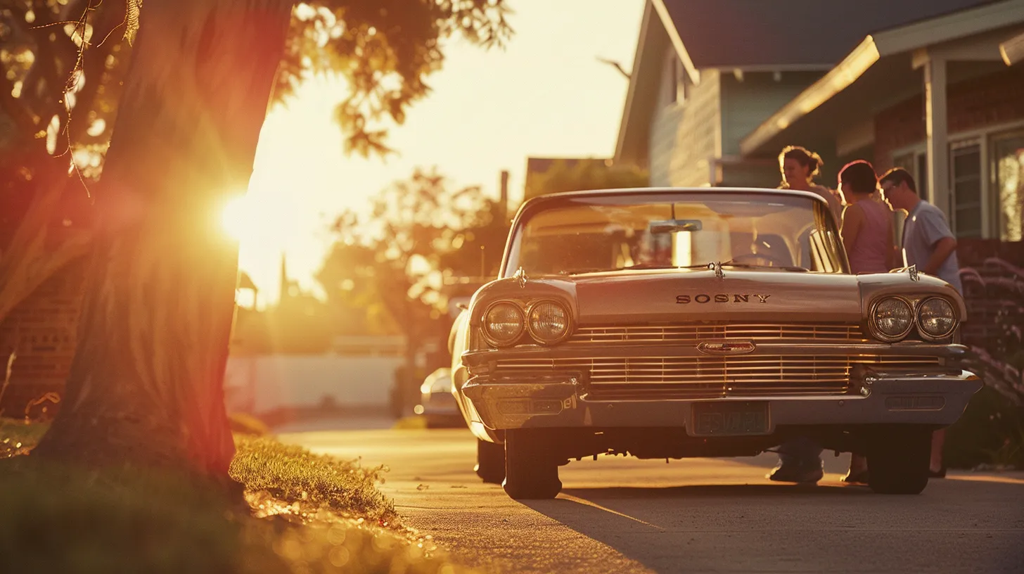 a joyful family gathers around their shiny vintage car under a vibrant sunset, radiating warmth and togetherness in a picturesque suburban neighborhood.