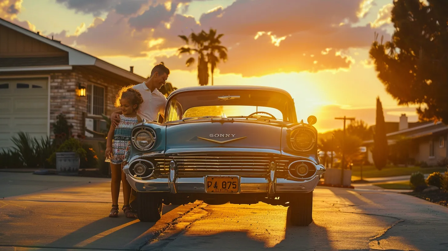 a joyful family poses in front of their shiny vintage american car under a vibrant sunset, radiating warmth and togetherness in a picturesque suburban setting.