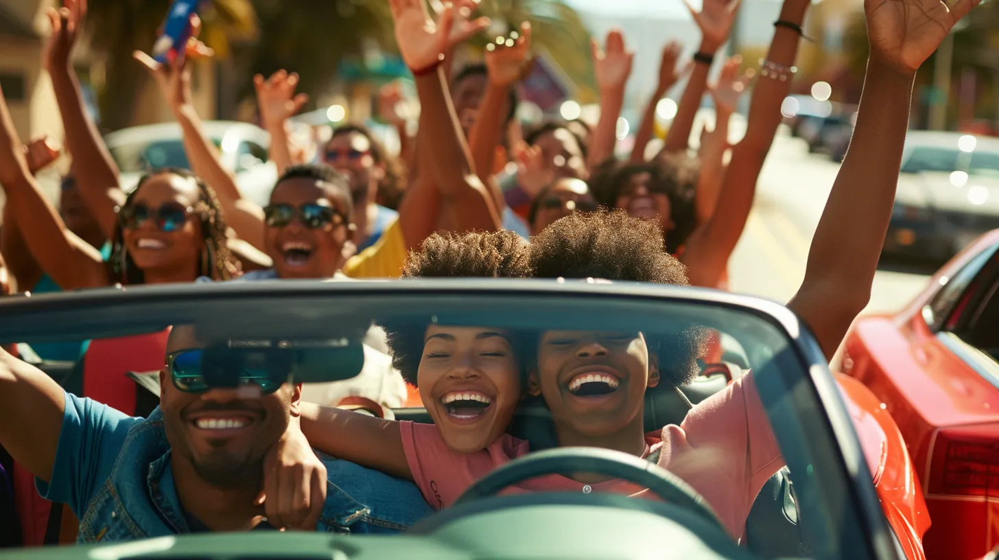 a joyful group of american families celebrates a sunny day outdoors, surrounded by their gleaming cars, embodying a spirit of unity and happiness.