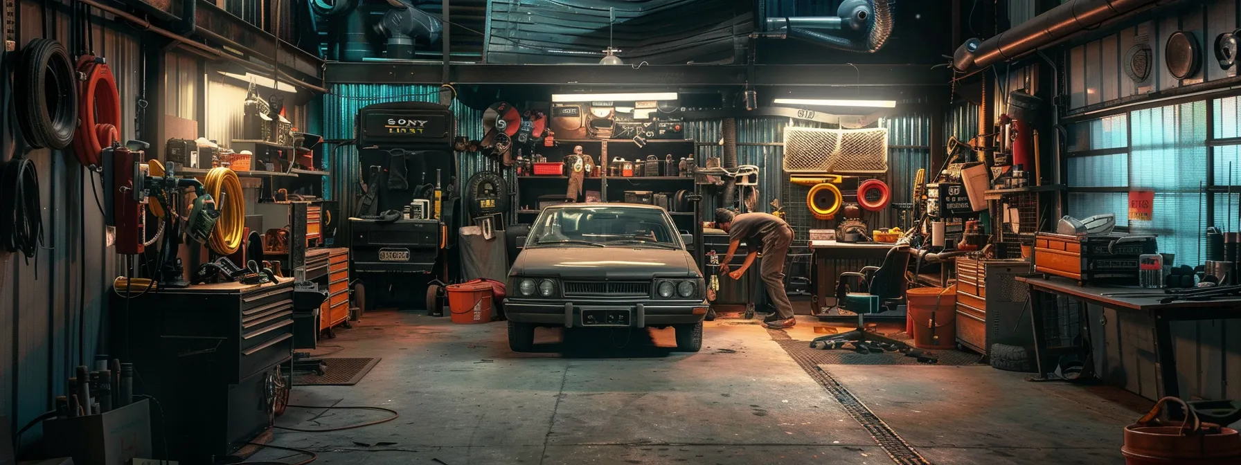 a local auto repair shop, with friendly mechanics working on a vehicle in a cozy garage setting, showcasing personalized service and community support.