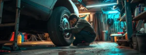 a mechanic carefully inspecting worn brake pads on a car in a well-lit garage in ann arbor.