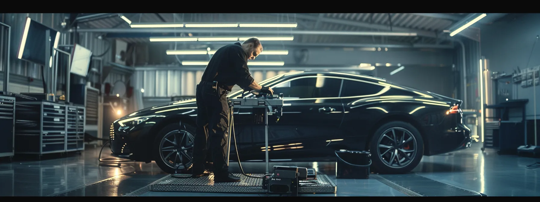 a mechanic in a well-lit garage using advanced diagnostic equipment on a sleek, well-maintained car.