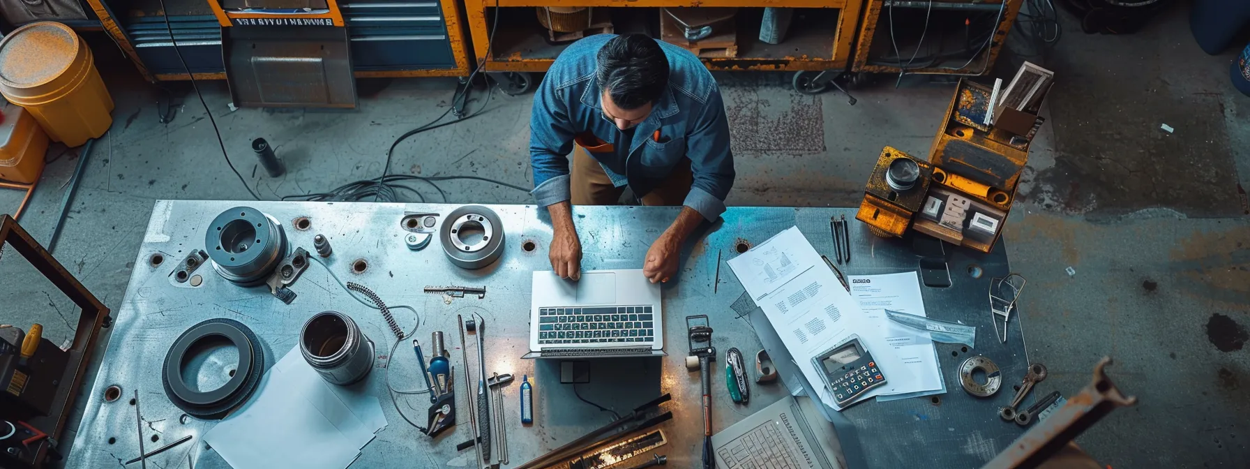 a mechanic inspecting brake pads on a shiny steel table with digital diagnostic tools nearby, surrounded by multiple quote papers and a laptop displaying an online estimate tool.