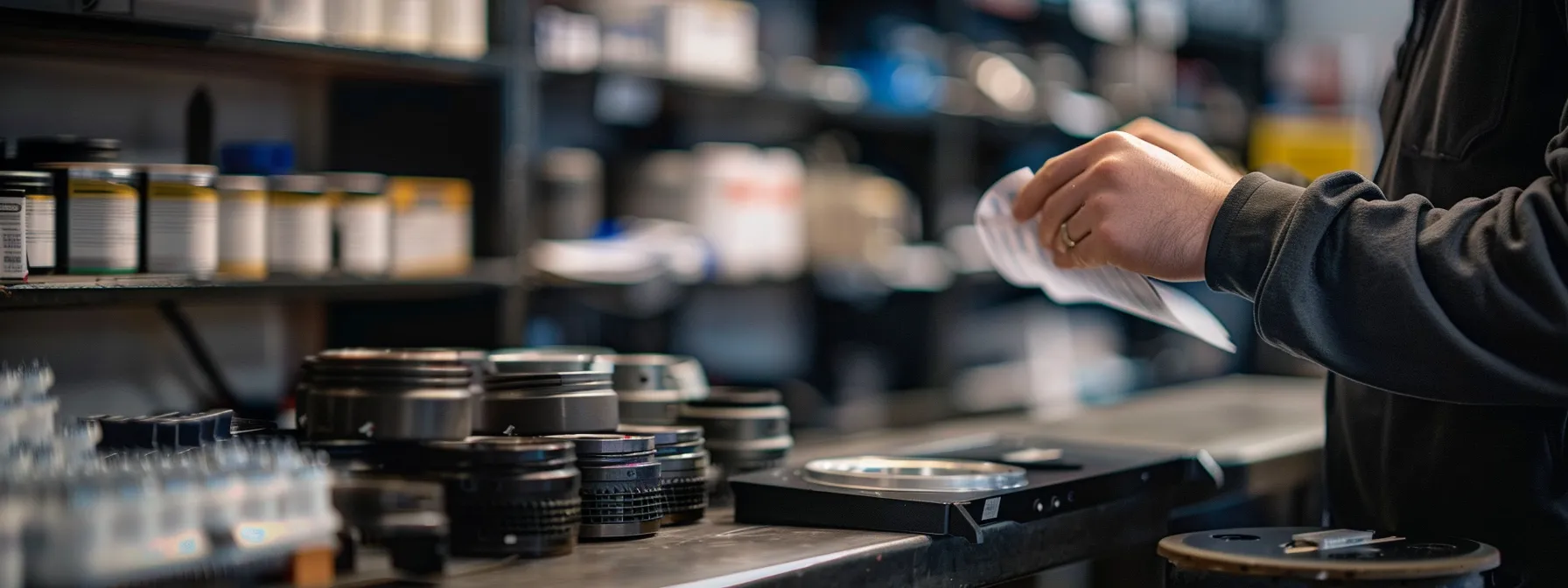 a person carefully examining a detailed brake repair quote, comparing prices and warranties, with a row of repair shop logos in the background.