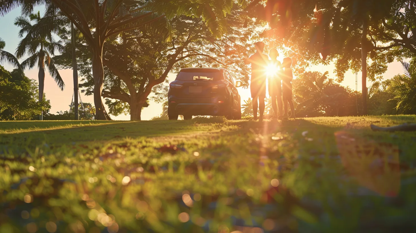 a radiant family embraces joy in a sunlit park, with a vibrant car parked nearby, encapsulating the essence of togetherness and adventure.