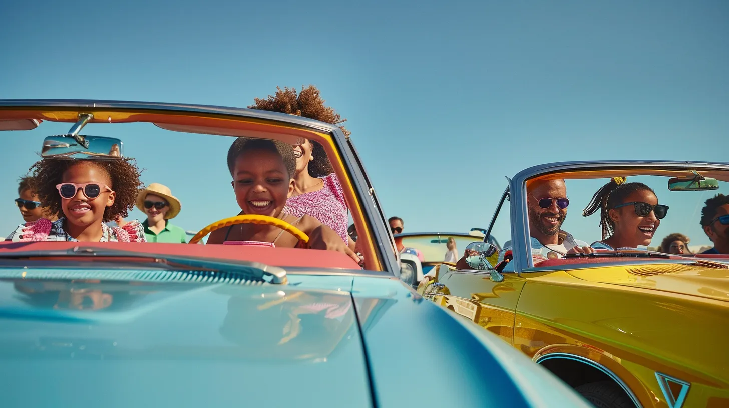 a radiant scene captures joyful american families gathered with their colorful cars under a clear blue sky, exuding warmth and togetherness.