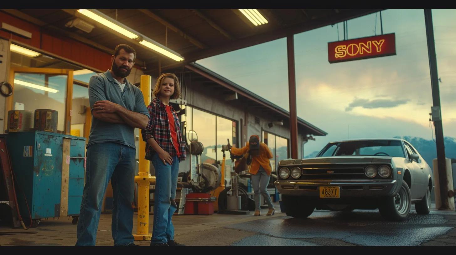 a satisfied american family stands proudly next to their car outside a bustling auto repair shop, showcasing a bright sign that reflects trust and expertise, while the backdrop hints at efficient service in action with technicians performing precise exhaust system repairs.