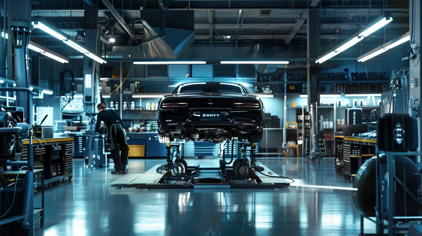 a technician in a modern auto repair shop inspects a sleek vehicle on a hydraulic lift, surrounded by high-tech diagnostic equipment, as a satisfied family, gleaming with pride, observes the meticulous exhaust system repair process.