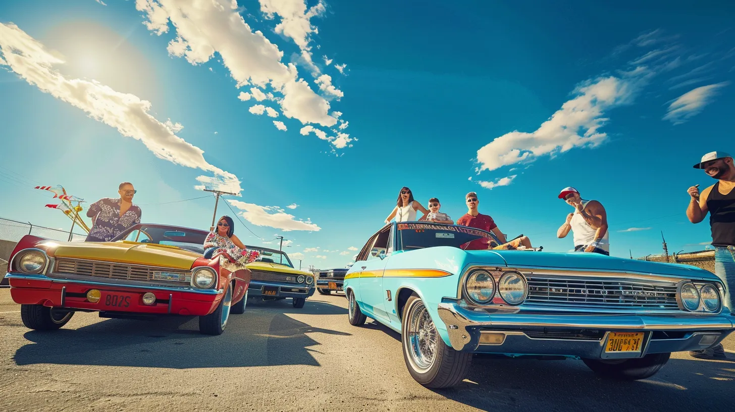 a vibrant and joyous scene captures cheerful american families posing with their stylish cars under a bright blue sky, radiating warmth and connection.