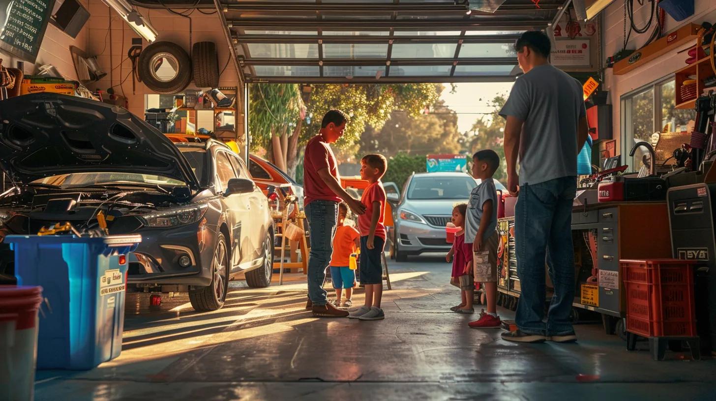 a vibrant auto repair shop scene captures a diverse group of cheerful american families engaging with friendly mechanics, emphasizing the importance of exhaust system maintenance for vehicle longevity and performance, showcased by well-maintained cars in a bustling urban setting.